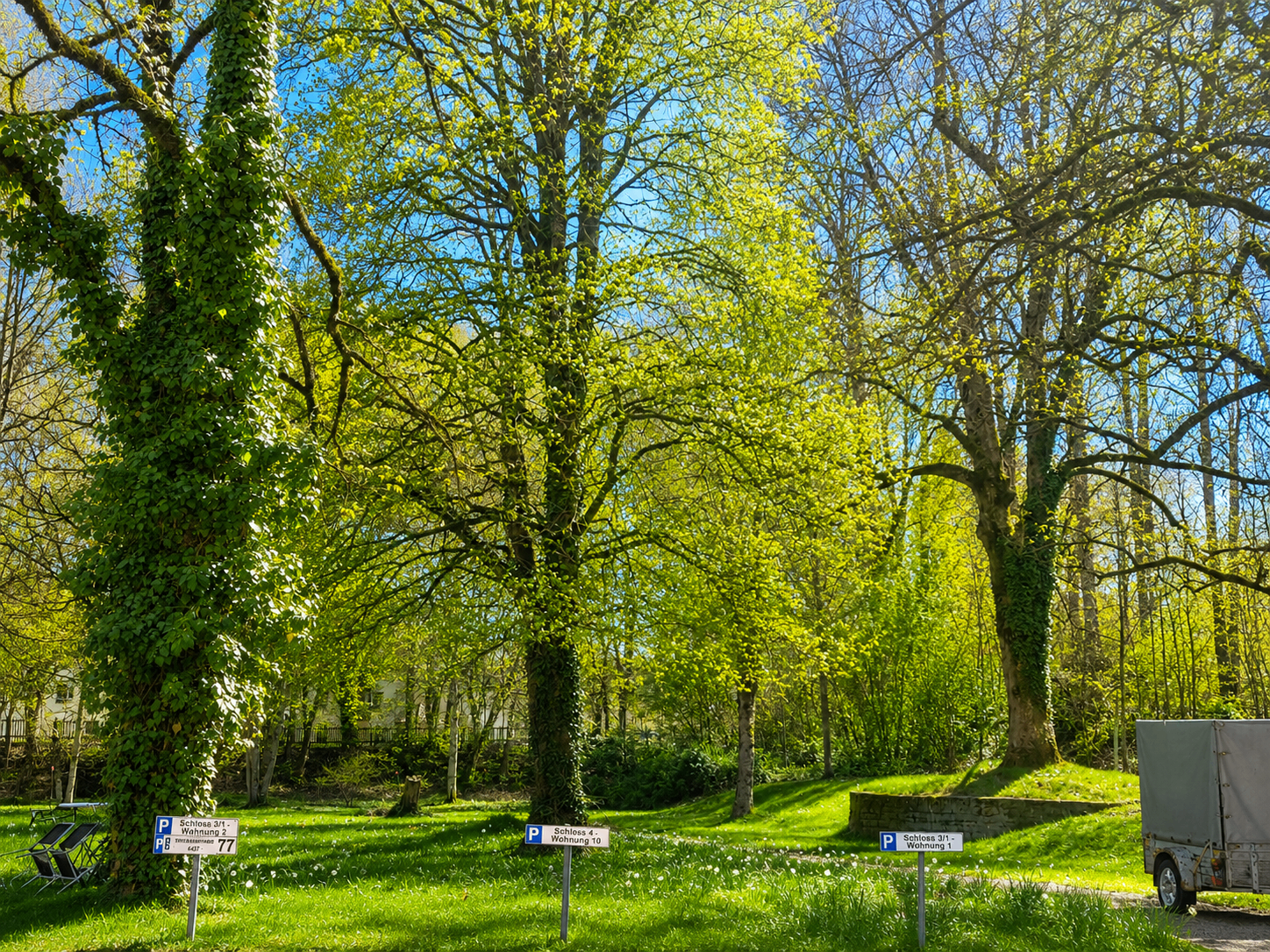 Schlosspark Isny mit Parkplatzschildern und frischem Grün
