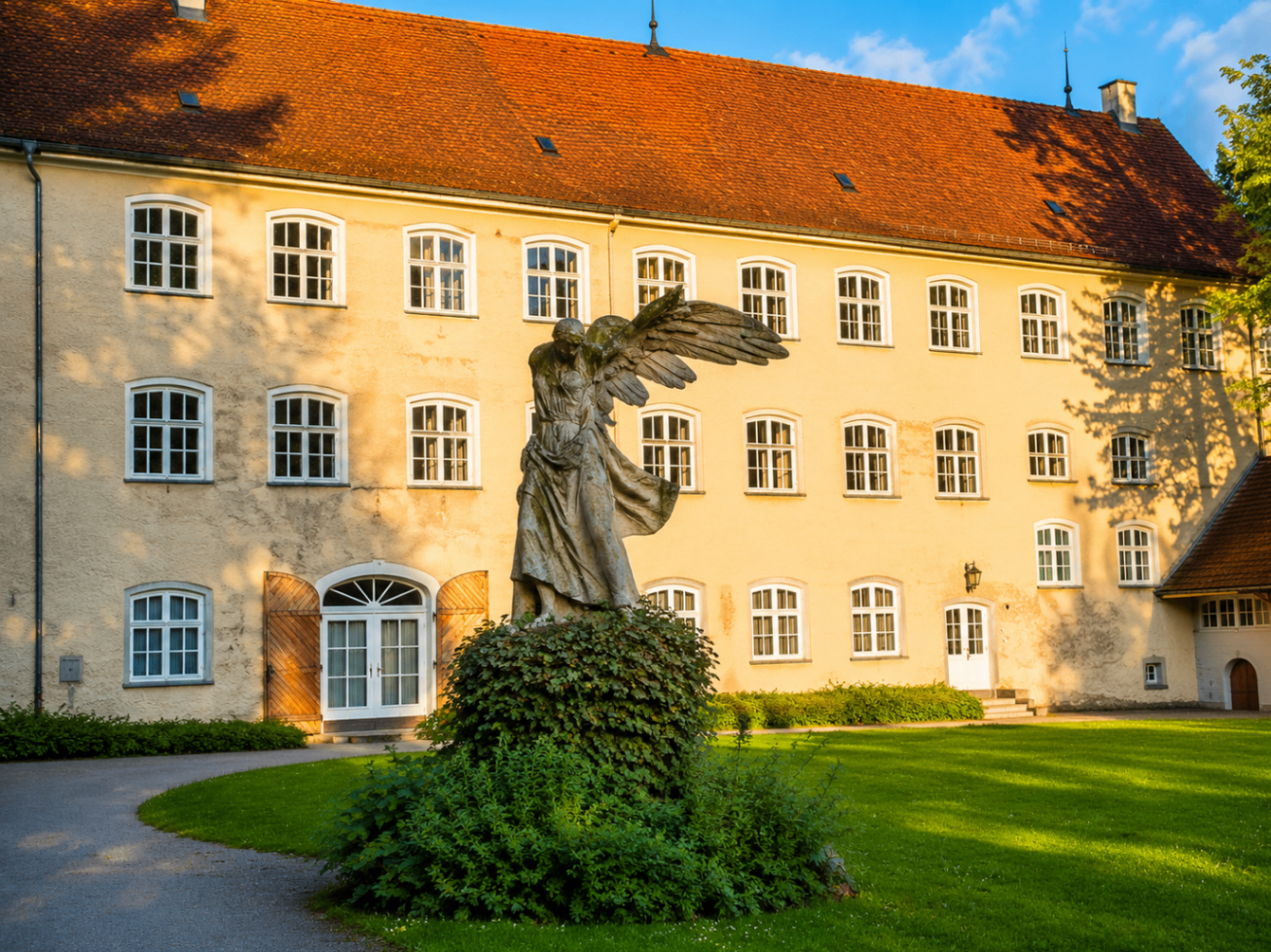 Schloss Isny mit Engelsstatue im Abendlicht