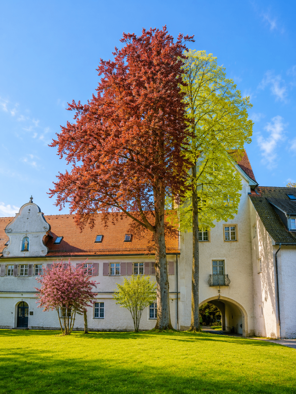 Grüner Schlosspark mit Wiese und Bäumen